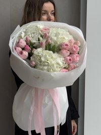 Round bouquet with hydrangeas and tulips